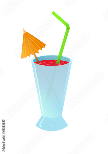 Cold cocktail with umbrella and tube in glass.