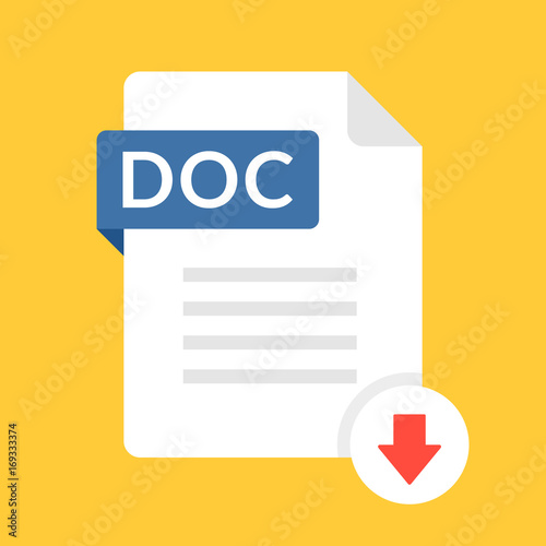 Download DOC icon. File with DOC label and down arrow sign. Text document. Downloading document concept. Flat design vector icon