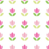 Floral seamless pattern background. Embroidery pink tulips isolated on white.