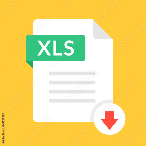 Download XLS icon. File with XLS label and down arrow sign. Spreadsheet file format. Downloading document concept. Flat design vector icon