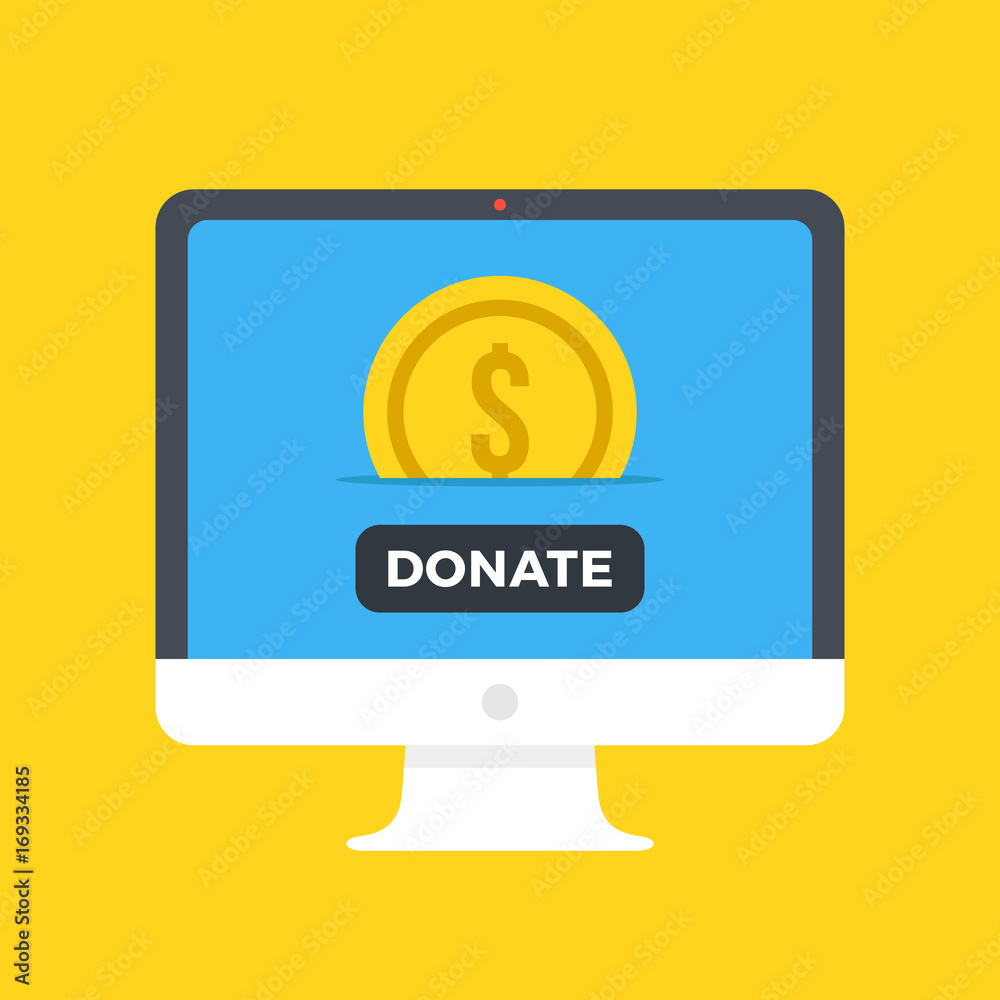 Computer with gold coin and donate button on screen. Make donation. Charity, fund raising, fundraising, donation concepts. Front view. Modern flat design vector illustration Computer with gold coin and donate button on screen. Make donation. Charity, fund raising, fundraising, donation concepts. Front view. Modern flat design vector illustration