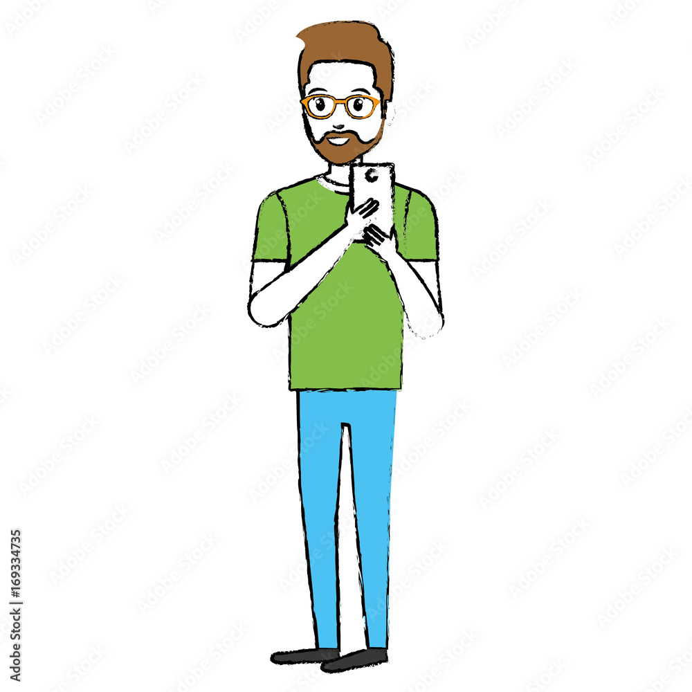 young man with smartphone avatar character vector illustration design
