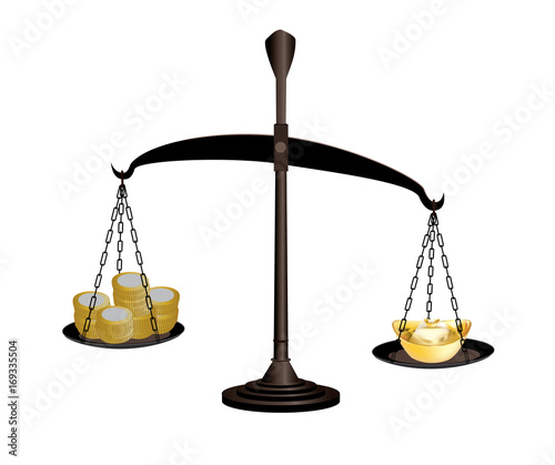 Black color scale with coins and ingots symbols on each side of the weighing plates