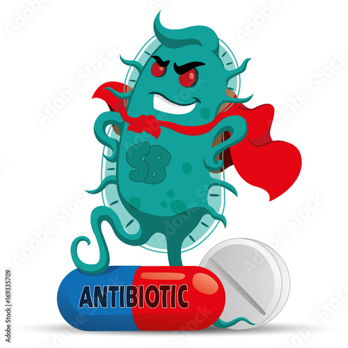 The cartoon depicts a superbug microorganism with a super villain cap  getting strong and resistant because of medicine or antibiotic. Ideal for informative and medicinal materials