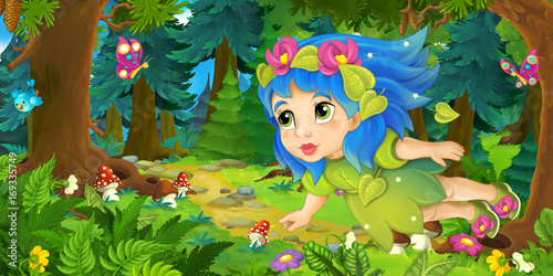 Fototapeta Naklejka Na Ścianę i Meble -  Cartoon background of fairy flying in the forest - illustration for children