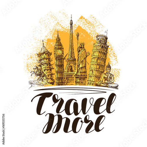 Travel, journey banner. Famous world landmarks. Sketch vector illustration