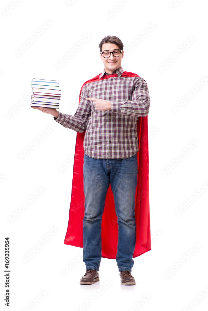 Super hero student with books isolated on white Super hero student with books isolated on white
