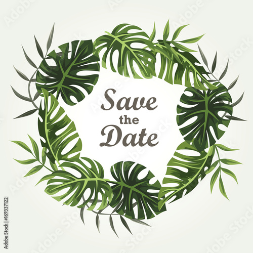 Wedding invitation design with a tropical pattern. 