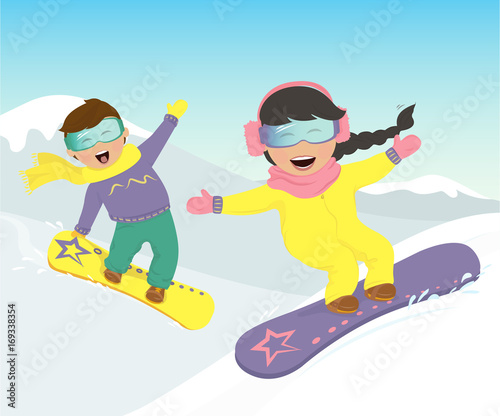 Merry girl and boy snowboarding in the mountains. Vector illustration.