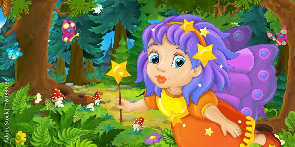 Naklejka premium Cartoon background of fairy flying in the forest - illustration for children