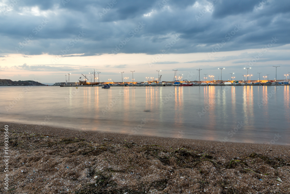 Night seascape of port and beach of Chernomorets, Burgas region, Bulgaria