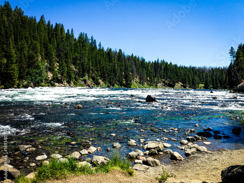 The rushing Yellowstone River on a sunny day, creating the perfect relaxation scene in the corner of Wyoming