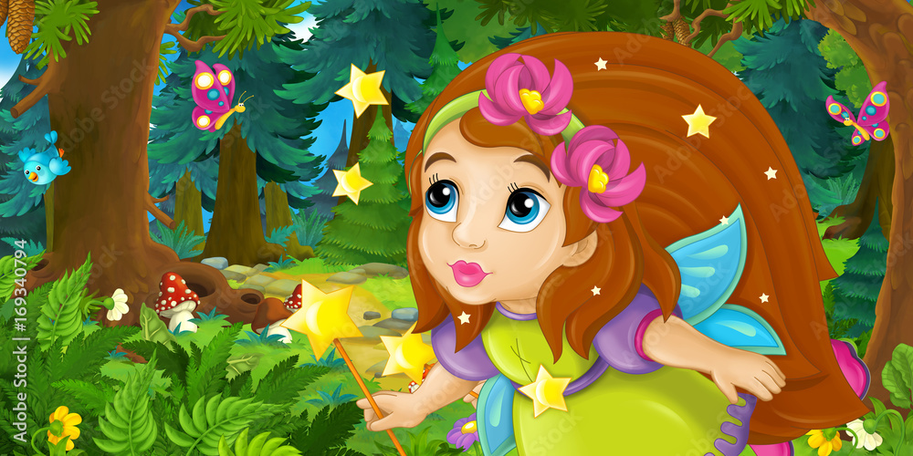 Naklejka premium Cartoon background of fairy flying in the forest - illustration for children