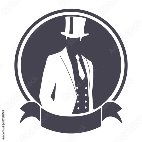 Gentleman in a fashionable suit round symbol with a ribbon.