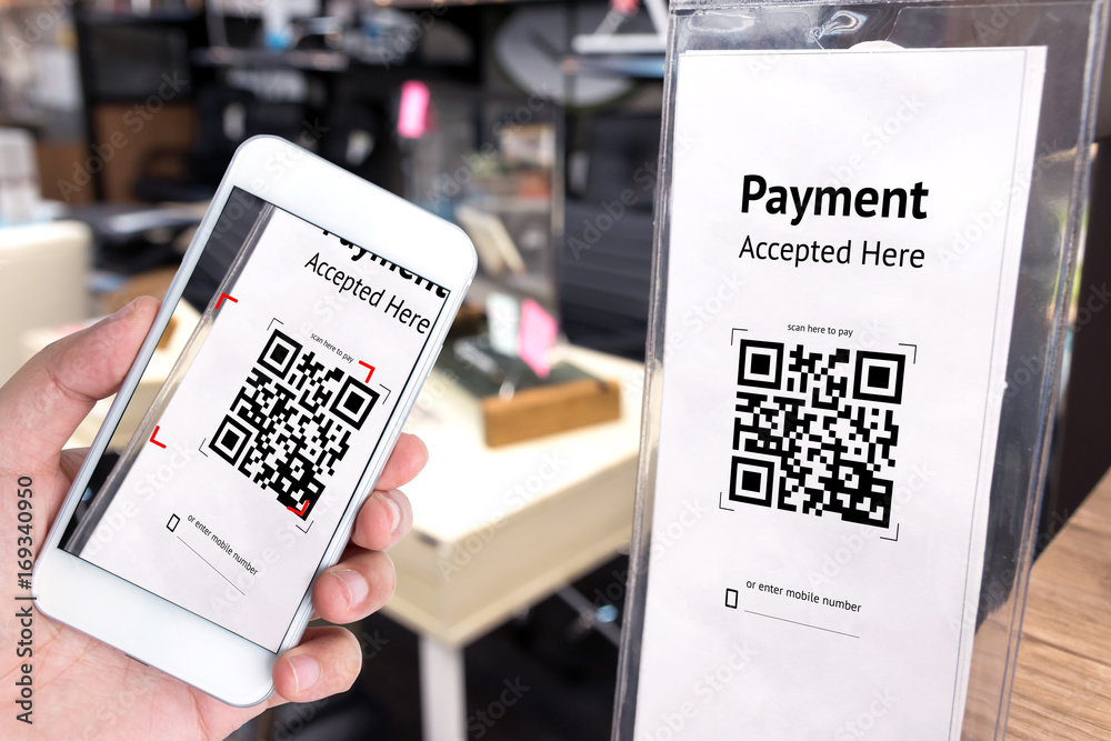 Qr code payment , online shopping , cashless technology concept. Coffee shop  accepted digital pay without money , plastic