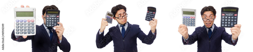 Funny man with calculator isolated on white Funny man with calculator isolated on white