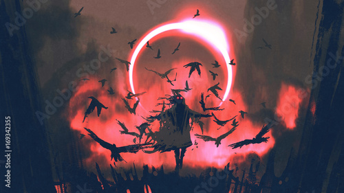 Obraz na plátne wizard of crows casting a spell in the mysterious field with solar eclipse, digi