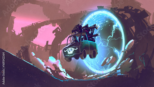 koncepcja science-fiction przedstawiająca samochód-broń przejeżdżającą przez futurystyczny tunel, cyfrowy styl sztuki, malowanie ilustracji