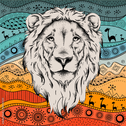 Fototapeta Naklejka Na Ścianę i Meble -  Ethnic hand drawing  head of lion on African hand-drawn ethno pattern. totem / tattoo design. Use for print, posters, t-shirts. Vector illustration