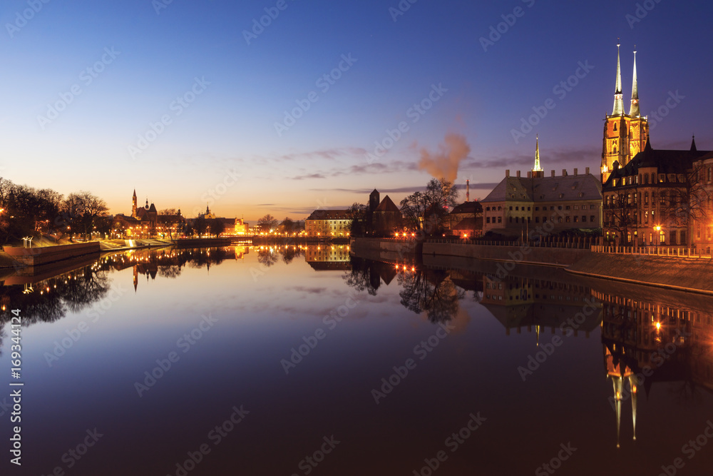 Wroclaw Cathedral and city panorama at night