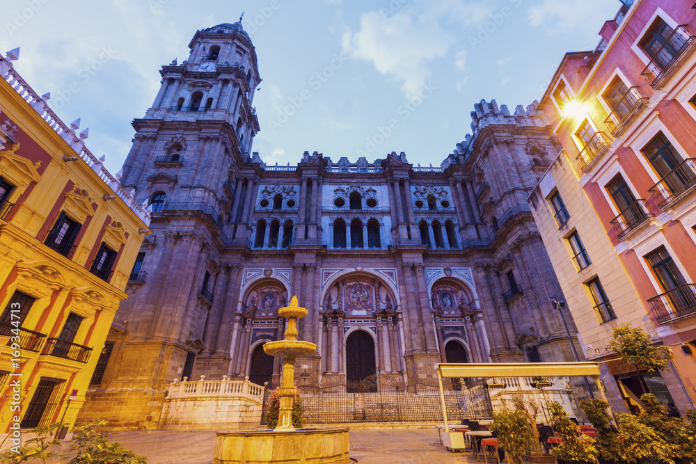 Malaga Cathedral at night