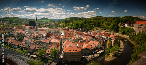 Panoramic shot of the medieval UNESCO Heritage town of Cesky Krumlov in Czech Republic, Czechia.