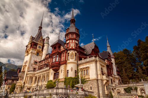 Wide angle shot of the west side of Peles Castle, Sinaia, Transylvania, Romania photo