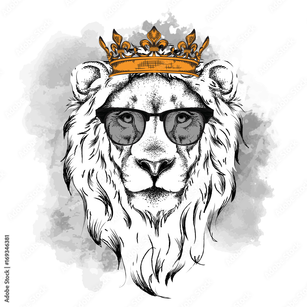 Ethnic hand drawing head of lion wearing crown in the glasses. It can be  used for print, posters, t-shirts. Vector illustration Stock Vector | Adobe  Stock