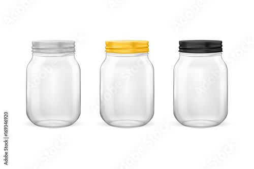 Vector realistic empty glass jar for canning and preserving set with silvery, golden and black lids closeup isolated on white background. Design templates for advertise, branding, mockup. EPS10.