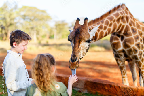Kids feeding giraffes in Africa © BlueOrange Studio