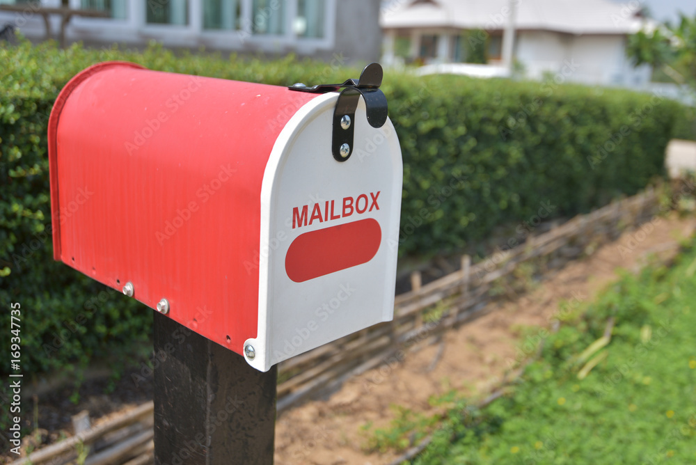 Home office red Metal Mailbox in garden