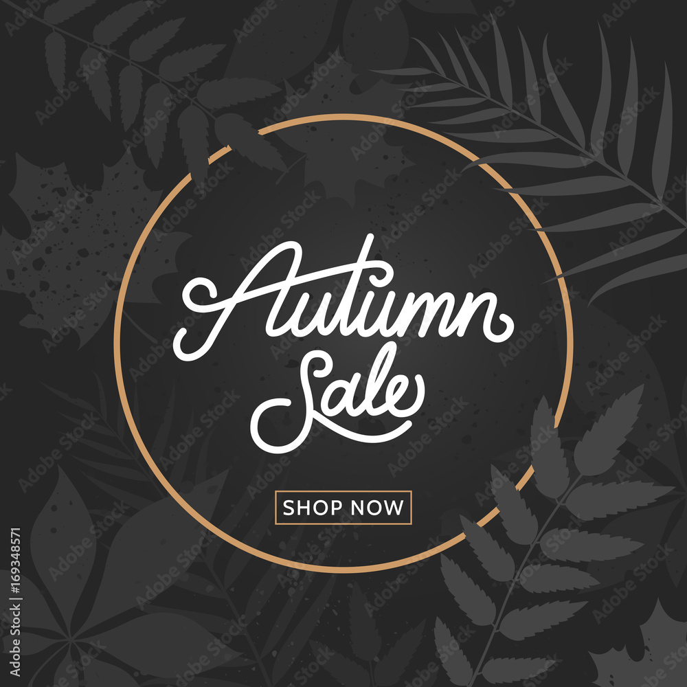 Fototapeta Autumn sale calligraphy on trendy dark floral background. Fall sale banner with foliage. Template for promo, advertising, flyer, poster. Vector eps 10.
