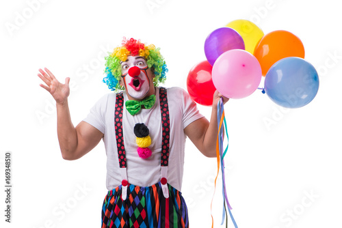 Funny clown with balloons isolated on white background photo