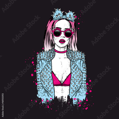 A beautiful girl in a stylish jacket and glasses with spikes. Vector illustration. Fashion & Style. Rock.