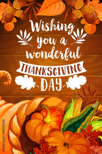 Thanksgiving cornucopia on wood background poster