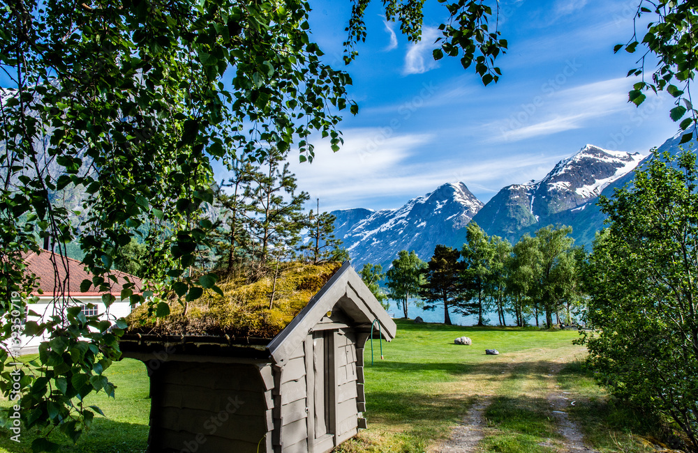 Shed and field by fjord