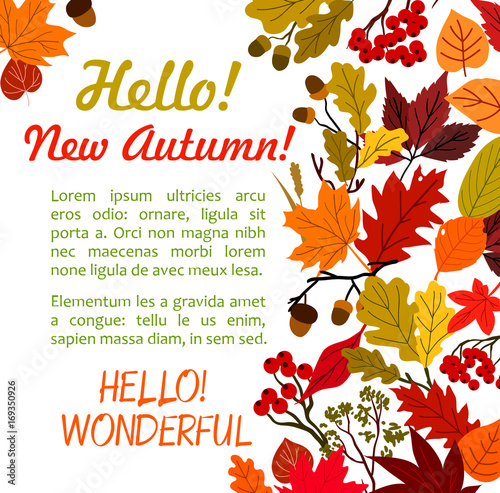Hello Autumn poster template with fall leaf border