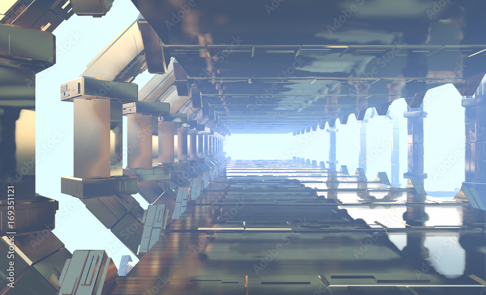 Abstract Futuristic tunnel like spaceship corridor metal reflection in white space. 3d illustration