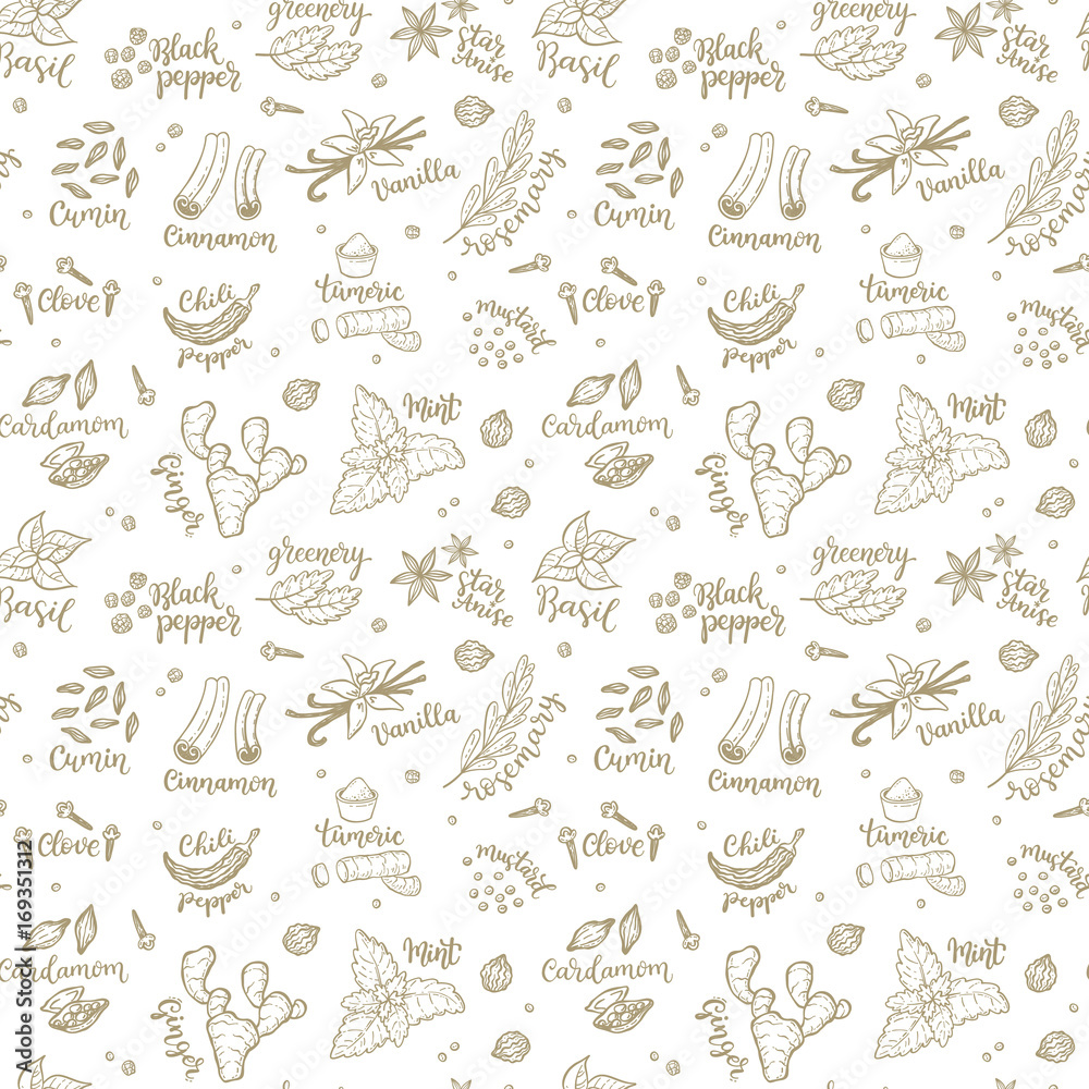 Seamless vector pattern background with hand drawn spices and herbs doodles.