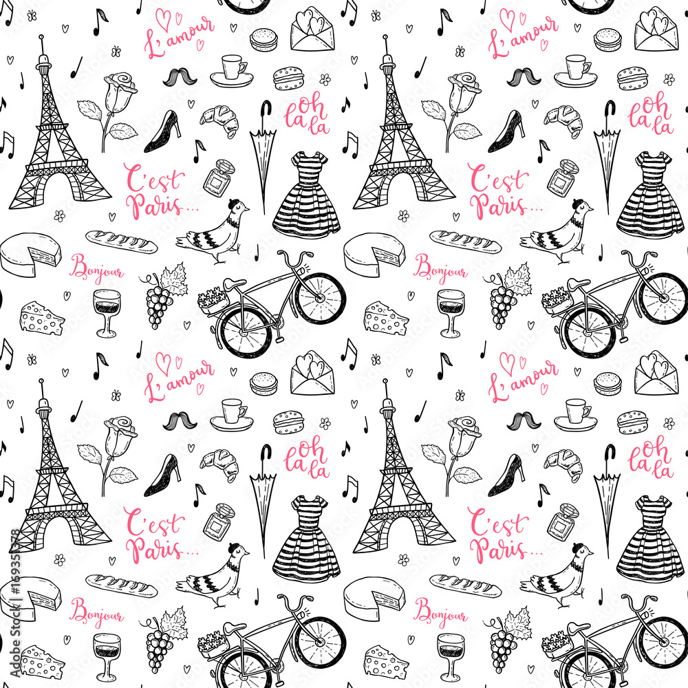 Seamless vector pattern with hand drawn Paris, France symbols doodles.