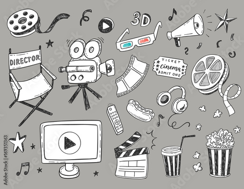 Hand drawn Cinema doodle icons set