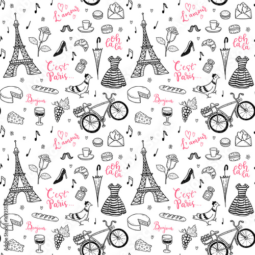 Seamless vector pattern with hand drawn Paris, France symbols doodles.