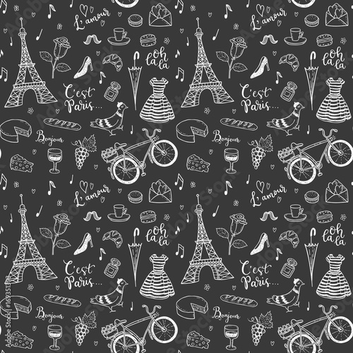 Seamless vector pattern with hand drawn Paris, France symbols doodles.