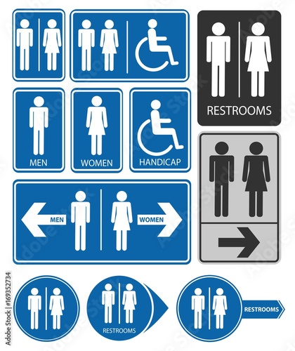 Toilet entrance signs. Men, women and disabled restroom label. Flat icon design. Vector illustration.