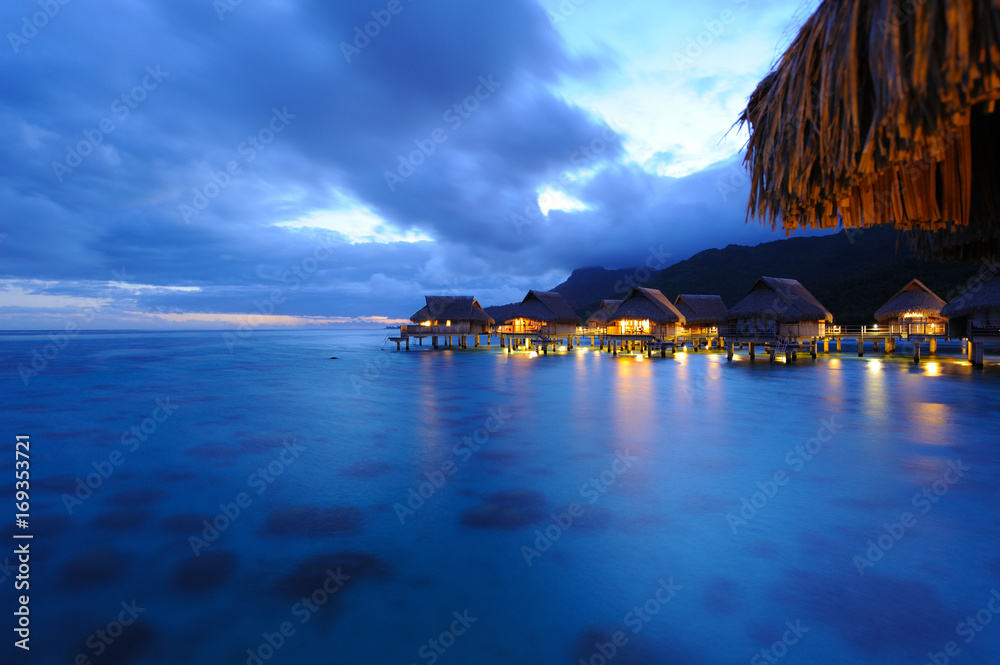 View from Overwater Bungalow at twilight, French Polynesia