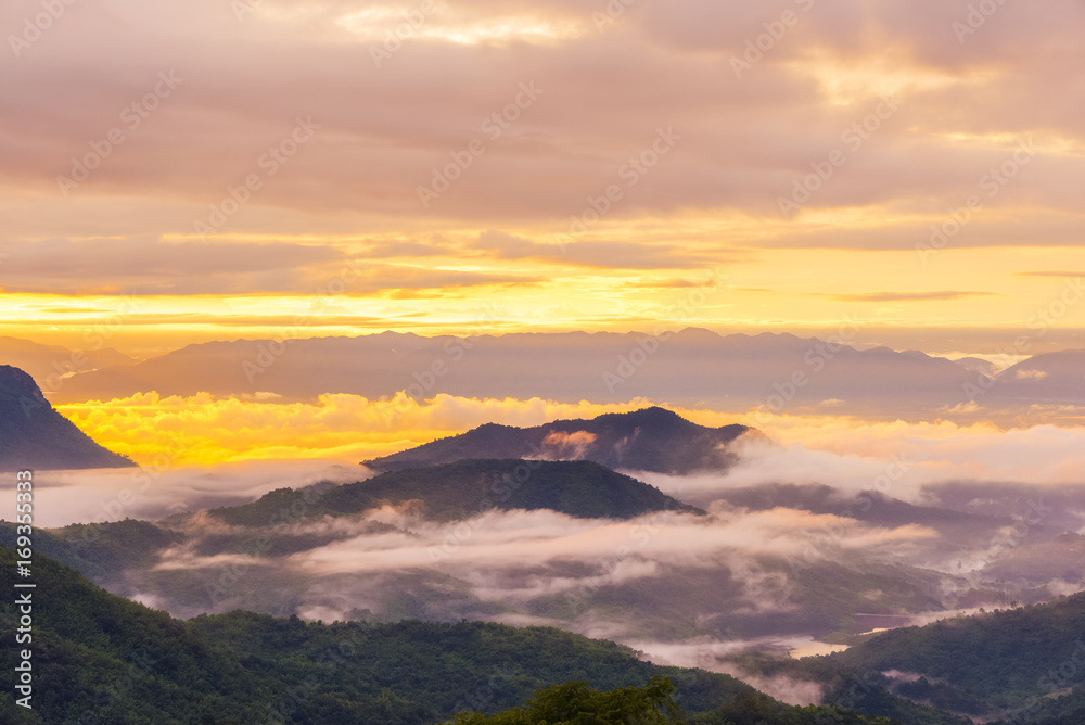 The rising sun, sky cloud sunrise abstract with mountain, background and fog