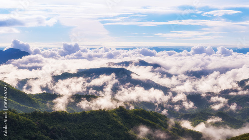 The rising sun, sky cloud sunrise abstract with mountain, background and fog