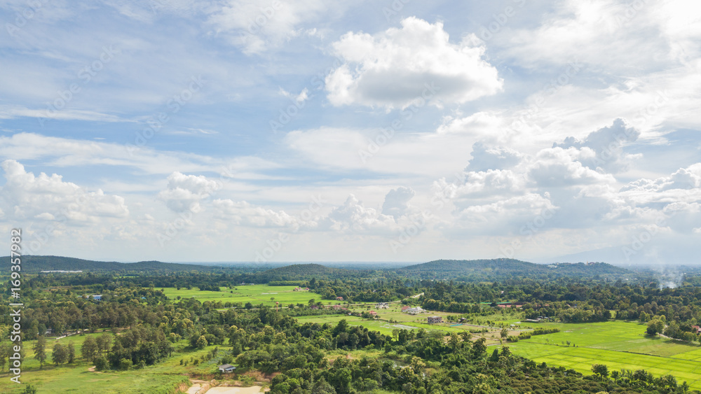 Aerial top view photo from flying drone of the mountains and fields in  the countryside of Chiang Mai, Northern Thailand