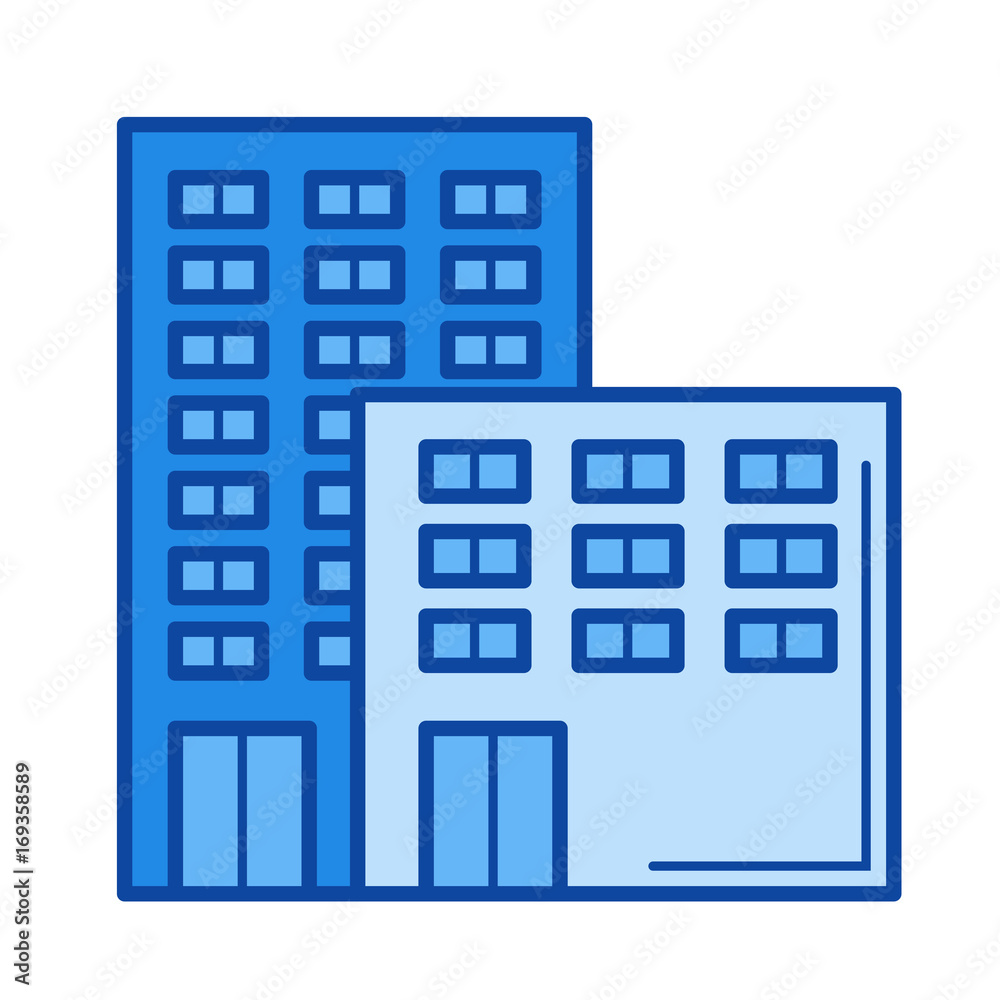 Office building vector line icon isolated on white background. Office building line icon for infographic, website or app. Blue icon designed on a grid system. Office building vector line icon isolated on white background. Office building line icon for infographic, website or app. Blue icon designed on a grid system.