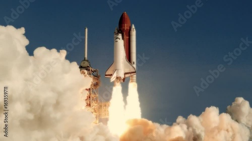 Space Shuttle launch in slow motion. (NASA logo removed) Elements furnished by NASA. Broadcast quality animation rendered at 16-bit color depth. 4K UHD.